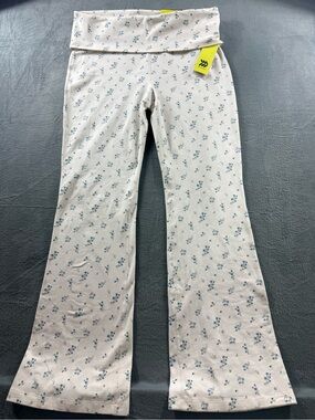 all in motion - White Floral Fold-Over Waist Flare Yoga Pants